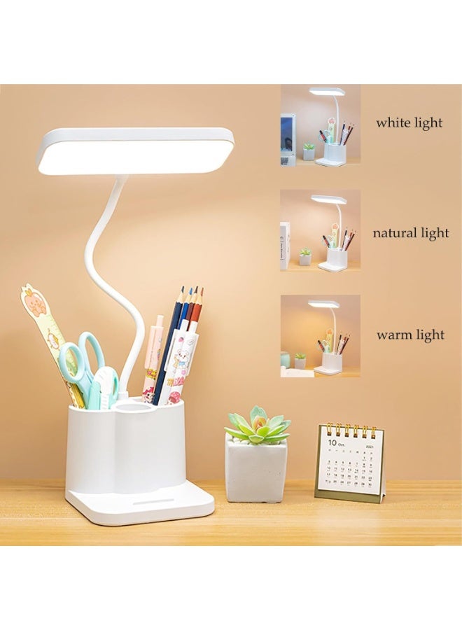 LYNLYN Rechargeable LED Desk Lamp with Pen Holder and Phone Stand, 3 Color Temperatures Stepless Dimming, Adjustable 360° Gooseneck Study Lamp for Home Office Dorm, USB Charging, White - Image 4